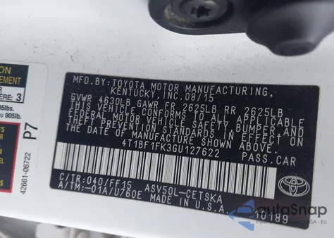 2016 Toyota Camry Se из США, поврежденный, VIN 4T1BF1FK3GU127622